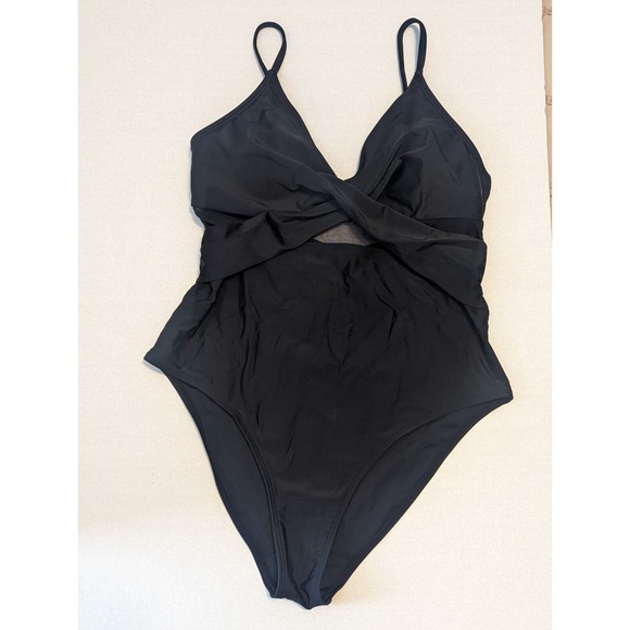 Black Mesh Wrap Front Cutout One Piece Swimsuit size Large - Picture 6 of 15
